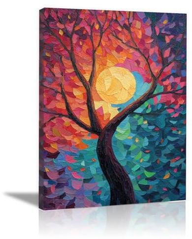 XENIOU Albero della vita Alberi colorati astratti quadri tela, quadri moderni, per soggiorno, camera da letto e bagno decorazioni da parete.(giallo)-70x100cm Incorniciato