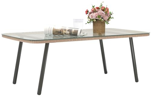 Outsunny Table Basse de Jardin en résine tressée avec Plateau en Verre trempé 5 mm, Table d'appoint pour terrasse, Patio, Balcon, extérieur, Cadre en Acier 110 x 60 x 40 cm, Aspect Bois Naturel