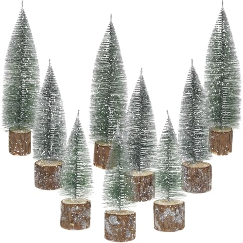 CEWUDA 9 Pine Needle Tree Stumps Mini Albero di Natale Innevato Sisal Snow Frost Alberi 22/27/32 cm Miniatura Albero di Natale Artificiale con Base Legno per Decorazione Natalizia Tavolo Vetrina