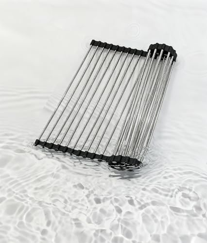 Hacdy Escurridor enrollable para fregadero, encimera de cocina, escurridor de platos de acero inoxidable para platos, tazas, verduras, salvamanteles plegables, soportes para ollas (25 tubos de 45 x 50