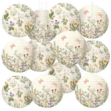 JarThenaAMCS 12Pcs Floral Paper Lanterns Set Party Decorations Vintage Wildflower Butterfly Round Hanging Lanterns for Birthday Wedding Baby Bridal Shower Tea Party Supplies