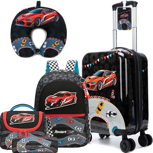 HTgroce 5 Piezas Maleta Viaje Niño con Mochila, Almohada para Cuello, Etiqueta de Equipaje, Bolsa de Almuerzo, Bolsa de lápices, Maleta Niño