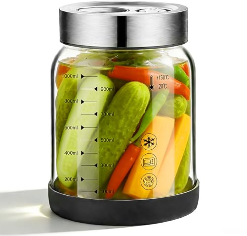 Yunlaishaocer fermenteringsglas med lock, 1 l frostat glas konserveringsburk med luftventil, glas fermenteringsglas, surkål fermenteringsglas, stora gurkburkar, kimchi-behållare burk för gurka och