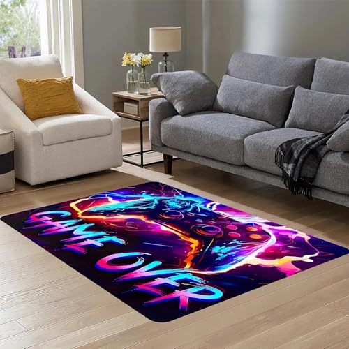 Gaming Teppich, GAME OVER Kinderzimmer Teppiche Junge aus Kristallvelours und Punktmatrixmaterial, Gamer Teppich mit Gamecontroller-Muster für Schlafzimmer, Wohnzimmer und Spielzimmer, 80×120CM