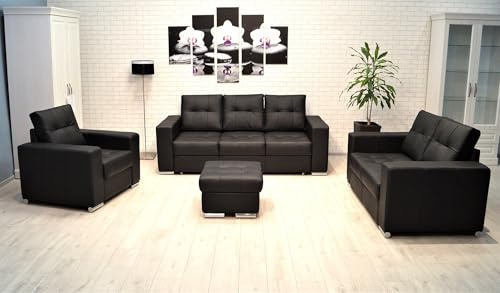 Quattro Meble Echtleder Sofagarnitur Mallorca Pik FS 3 er 205cm mit Schlaffunktion + 2 er + Sessel + Hocker Ledersofa Echt Leder Couchgarnitur Möbel Set Leder Toledo Natur