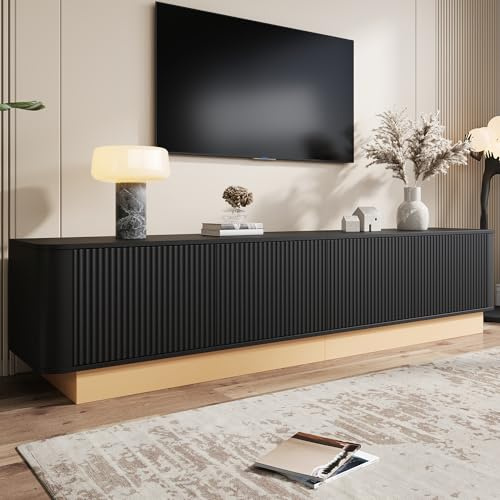 Httcg TV Schrank Lowboard für Fernseher bis zu 85 Zoll, TV Board Schwarz Fernsehschrank mit Stauraum und Texturfront, Fernsehtisch Wohnzimmerschrank mit Abgerundetes Design und Sockel, 200x40x47.5 cm