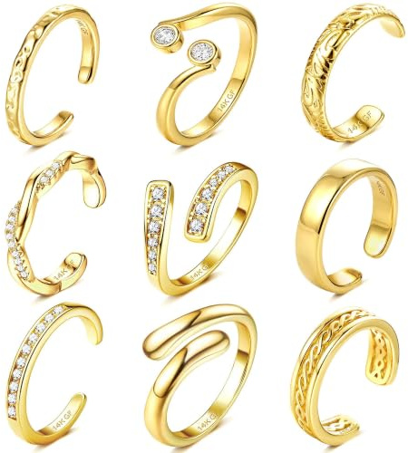 ORAZIO 9Pcs 16K Gold Toe Rings for Women Adjustable Open Toe Ring Set