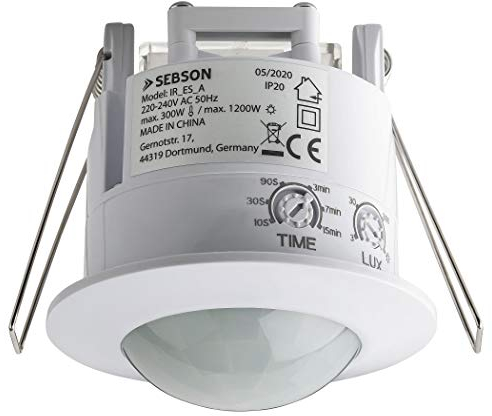 SEBSON 2x PIR Sensor Indoor, Ceiling Flush Mounted, Infrared Motion Sensor, LED Suitable, Range 6m / 360°, max. 1200/300W, IP20, 3-Wire, White