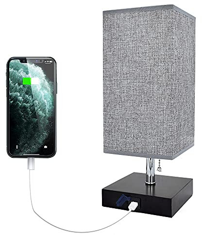DINGLILIGHTING Square Bedside Table Lamp with USB Charging Port, Wooden Desk Lamp (Grey Fabric Shade) for Bedroom,Nightstand Lamp for Living Room,Coffee Room,Kids,Warm White (LED Bulb Included)