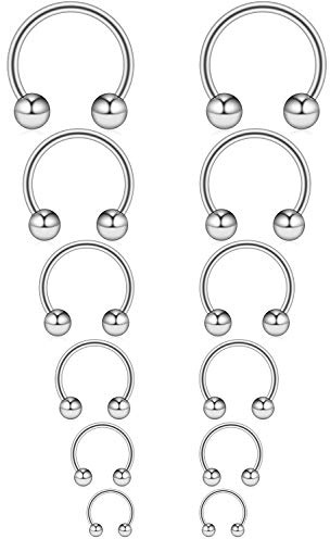 Ruifan 12PCS 16G Surgical Steel CBR Nose Septum Horseshoe Earring Eyebrow Tongue Lip Nipple Helix Tragus Cartilage Piercing Rings 6mm 8mm 10mm 12mm 14mm 16mm Silver