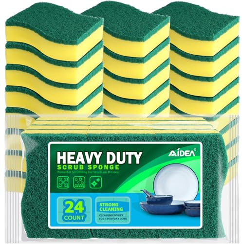 AIDEA Sponges Kitchen, 24 Pack Heavy Duty Dish Sponge, Cleaning Dish Scrubber Sponge for Home and Kitchen, Stink-Free Cleaning Supplies for Pots, Pans