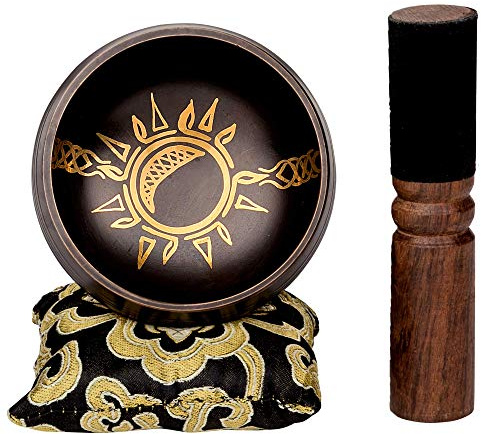 Sun in Moon Singing Bowl Set by Ohm Store — Black Etched Sound Bath Bowl Instrument — Unique, Handmade for Spiritual Healing, Reflection, Boho Décor, and Meditation