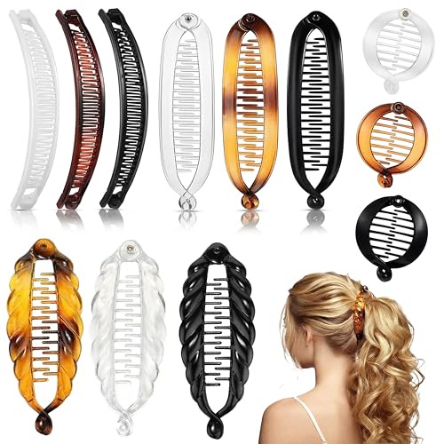 12 Bananen Haarspangen Klassische Drahtkämme Großer Doppelkamm Bananenspange Fischschwanz Haarspange Pferdeschwanz Halter Clip für Frauen, 4 Stile (Schildpatt Farbe, Weiß, Klar, Schwarz) | Großer Fischschwanz-Kamm, dickes, dünnes Volumenhaar, Vintage-Bananen-Clips, Pferdeschwanz-Haarhalter für Mädchen