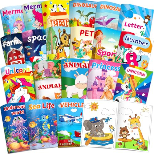 Kalysky 20 Livres de Coloriage pour Enfants, Mini Livres de Coloriage pour Fillers de Sacs de Fête, Pack de Coloriages pour Enfants de 2 à 8 ans, Thèmes-Animaux, Sirènes, Dinosaures, Espace et Océan