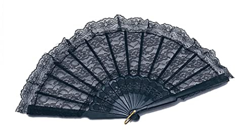WickedFun Hand Lace Fan Black Fabric Folding Hand Fan Bamboo Ribs Hand Held Chinese Fan Handheld Travel Wedding Party Favour Teachers Gift