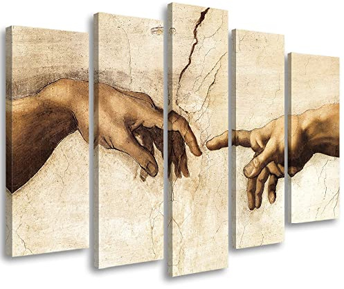 Feeby Leinwandbild 5-teilig 200x100 cm Vervielfältigung Michelangelo Die Erschaffung Adams Bild Wanddeko Wand Bild Kunstdruck Deko Wohnzimmer Sixtinische Kapelle Hände Gewölbe Beige