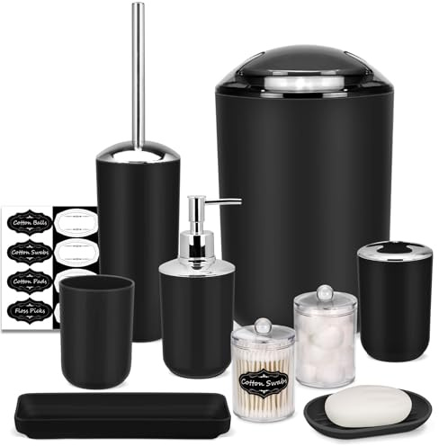 IMAVO Ensemble d'accessoires de Salle de Bain - 8 pièces - Noir - avec Poubelle, Distributeur de Savon, Porte-Savon, Porte-Brosse à Dents, gobelet à Brosse à Dents, Porte-Brosse de Toilette,