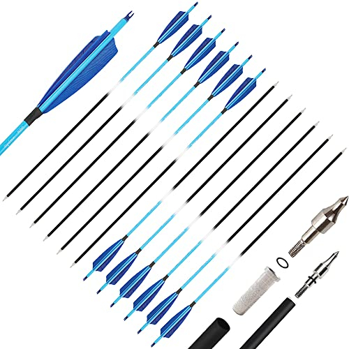 wolfman 12X 32 Zoll Carbonpfeile für Bogenschießen Sp 500 Pfeil Bogen Pfeile Carbon Pfeile Zielpfeile Jagdpfeile mit 4 5 Zoll Natürliche Federn für Recurvebogen Compoundbogen (4 Feder, Blau)