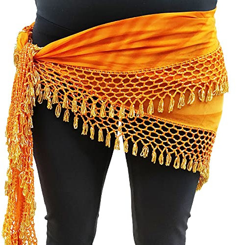 Hüfttuch Gürtel Dreieckstuch für Bauchtanz mit Haken und Perlen, handgefertigt in Ägypten, orange gold, 42
