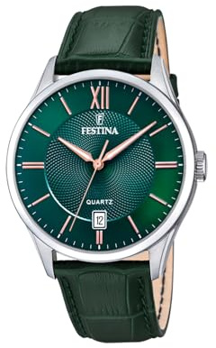 Festina Reloj Hombre Analógico de Cuero Verde - Movimiento de Cuarzo - Calendario - Cristal Mineral de Alta Resistencia - Resistente al Agua 5 ATM Elegante y Clásico F20426/7