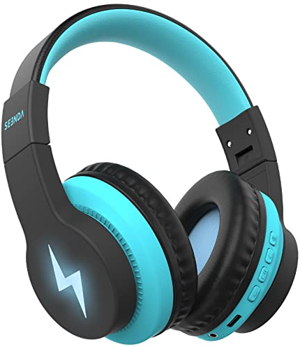 Seenda Kids Bluetooth Headphones, 3 Cool LED Lights Modes Kids Foldable Headphones Over Ear with 85dB/94dB Volume Limited Wireless/Wired Headset for PC TV Tablet School Airplane, Black and Blue