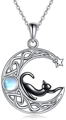 AXELUNA katt halsband sterlingsilver månsten månskula keltiska knutar svart katt halsband för kvinnor katt smycken gåvor, Sterlingsilver