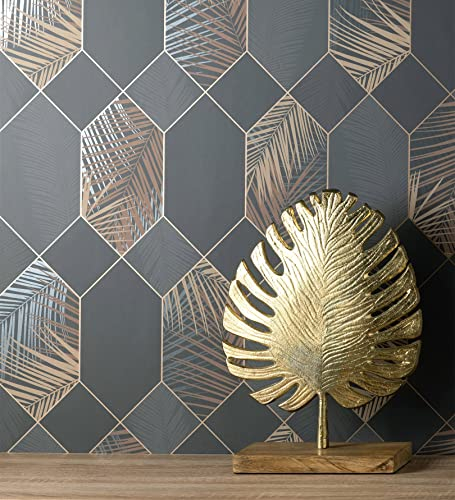 GAULAN 500681282 Papier peint lessivable géométrique hexagones avec des feuilles tropicales pour mur salon chambre couloir salle à mange tête de lit - Échantillon DIN A4