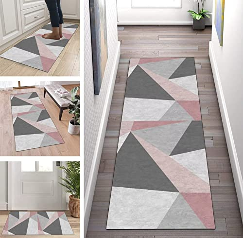 ZUZEKU Küchen Rosa Grau Läufer Waschbar rutschfest 80x300cm Flurläufer Korridor Teppichläufer Küchenteppich Schlafzimmer Esszimmer Polyester Meterware Anpassbar
