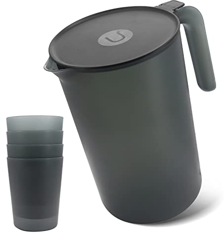 Bemodst Plastic Cold Water Bottle, Large Capacity 2.5L Fridge Jug, with 4 Cups, High Temperature Resistant Reusable Juice Pot, Can Jug with Lid, Household Water Cup Set.(Black)