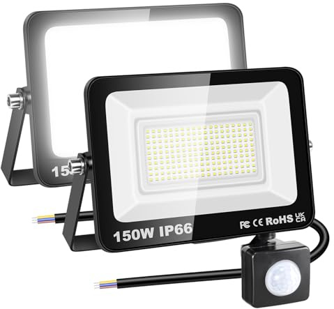 RIGIDON 2x 150W 15000LM Aussenleuchte Bewegungsmelder Led Strahler, Außen Led Lampe, 6000K Kaltweiß Led Flutlicht Außenleuchte, Wasserdicht Außen-Leuchte Flutlicht Für Garten Garage Carport Hauswand