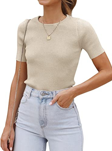 ZESICA Women's Short Sleeve Sweater Tops 2025 Summer Crewneck T Shirt Ribbed Knit Slim Fit Basic Solid Color Tee,Almond,Medium