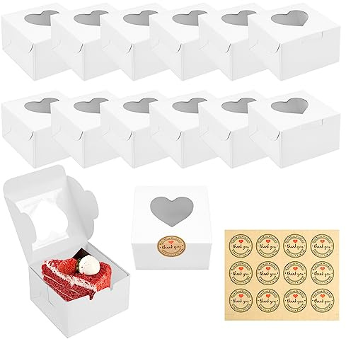 JOYSKY 12 Pcs Cupcake Boxes Individual with Window and 12 Stickers | Cake Boxes for Cake Portions for Cupcakes Desserts Pastries Cookies Small Cakes Candy Pies & Gifts