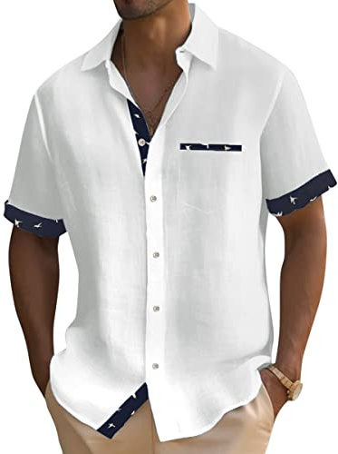 Onsoyours Chemise Homme à Carreaux Manche Courte Coton Lin avec Poche Poitrine Chemise Décontractée Classique Chemisette Homme Lin Chemise Bouton Homme Blouse