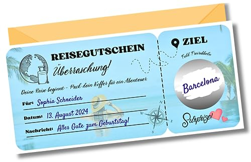 Gutschein Reise, Urlaub | Reisegutschein mit Rubbelaufkleber | Geschenkidee für Paare, Familie und Freunde | Rubbelkarte zum selbstbeschriften | Personalisierte Überraschungskarte (Reise)