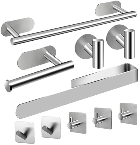 SinLaw Toalleros de Baño Sin Taladro,Juego de Toallero de Baño de 10 Piezas, Accesorios de Baño de Acero Inoxidable Toallero,Accesorios de Acero Inoxidable Plateado de 16 Pulgada