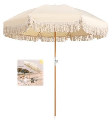 Ombrello da patio beige da 180 cm, UPF50+, con inclinazione, per vacanze, spiaggia, con frangia, palo in legno, ombrelloni da tavolo per esterni, portatile, con borsa per il trasporto, palo in legno
