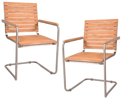 Lomadox Gartenstuhl 2er Set Freischwinger aus Teakholz mit Edelstahl Gestell