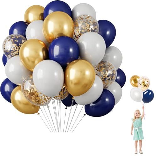 Luftballons Blau Gold, 60 Stück Metallic Gold Weiß Dunkelblau Party Ballons, 100% Naturlatex, Geruchlos, Luftballons Geburtstag, 12 Zoll Latex Ballon für Taufe Hochzeit Babyparty Geburtstagsdeko