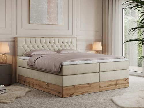 MKS MEBLE King Boxspringbett 180x200 mit Bettkasten und Kopfteil, Bonell Polsterbett mit Matratze H3 und Topper T25, Bett mit Holzrahmen in Wotan Eiche - Beige Velvet - Amore King