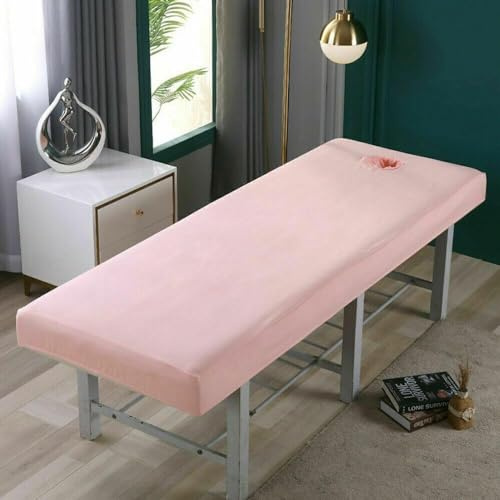 Drap de table de massage, 70 x 190 cm, housse de lit de massage avec trou pour le visage, housse élastique tout autour lavable et réutilisable (rose)
