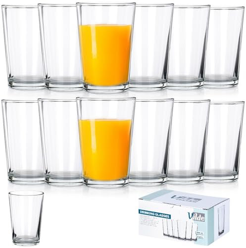 Vilde Juego de vasos de agua, vasos de zumo universales, alta resistencia a los golpes, vasos de zumo, vasos largos, vasos de cristal, 200 ml, 12 piezas
