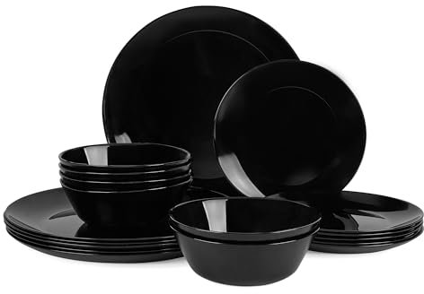 LaGlint Juego de Vajilla 18 Piezas Negro, Vidrio Opalino Vajilla para 6 Personas con 6 Platos Llanos, 6 Platos de Postre y 6 Cuencos de Cereales, Aptos para Lavavajillas y Microondas