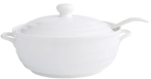 Vnook Zuppiera giapponese in ceramica bianca, con coperchio e cucchiaio, for ristoranti, feste in casa, cucina, microonde, stoviglie