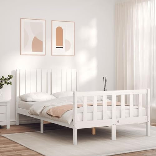 Sufrk Massivholzbett mit Kopfteil Bettgestell Bed Frame Holzbett Kopfteil Bett Schlafzimmer Bett Massivholzbetten Weiß 120x200 cm - 3192942