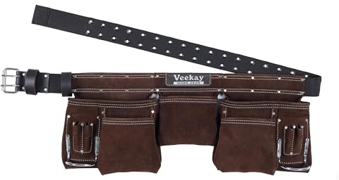 VEEKAY Werkzeuggürtel aus Leder, 11 Taschen, Wildleder, mit 5,1 cm breitem Nylongürtel und Tasche, passend für Taillenumfang von 81,3 cm bis 127 cm, langlebig für Bau, Tischler und Rahmen