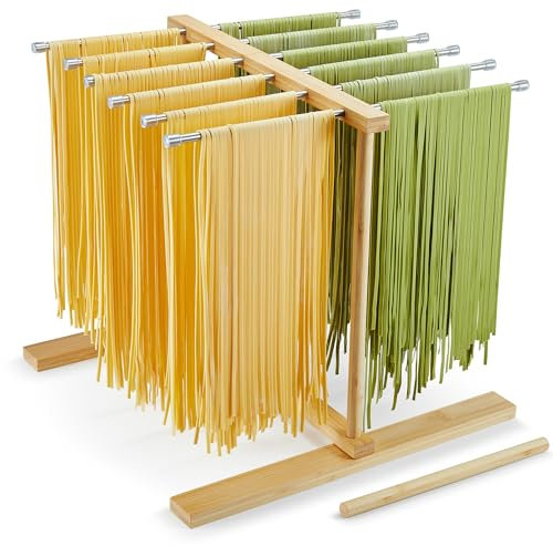MUMSUNG Bamboo Pasta Drying Rack with Transfer Wand, Easy to Transfer for Drying Pasta and Cooking, Special Suspension Design for Large Storage