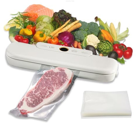 Gevvnss Macchina Sottovuoto per Alimenti,Automatica Sigillatrice Macchina Sottovuoto Alimenti Secchi che Umidi Lunghezza 30cm da ABS,Vacuum Sealer con 50 Sacchetti Sottovuoto,Bianco