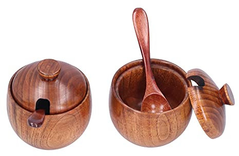 Confezione da 2 Saliere In Legno, Saliera In Legno con Coperchio e Cucchiaio, Barattolo di Spezie, Condimento, Zuccheriera per Cucina, Servizio