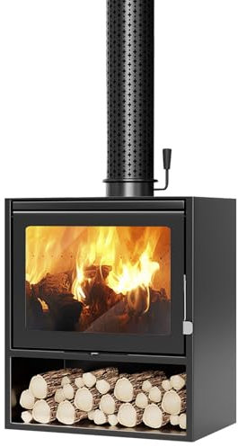Poêle à Bois Durable en Fonte et tôle, Source de Chaleur Efficace avec Surface en Fonte, Noir avec Compartiment de Stockage du Bois, 60×49×85 cm