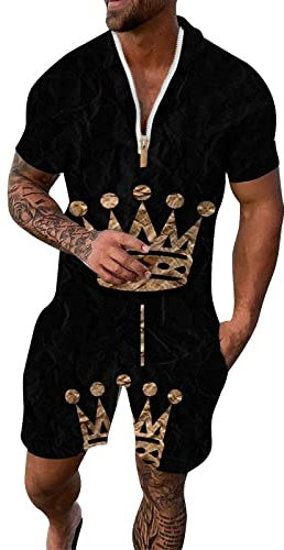 Sportlicher Trainingsanzug für Herren, Business-Poloshirt, leicht und bequem, 2-teilig, Sommer, Strandstil, Hawaii-Stil, Herren, eng anliegend, mit Reißverschluss, Jogginganzug 2025, Schwarz , M